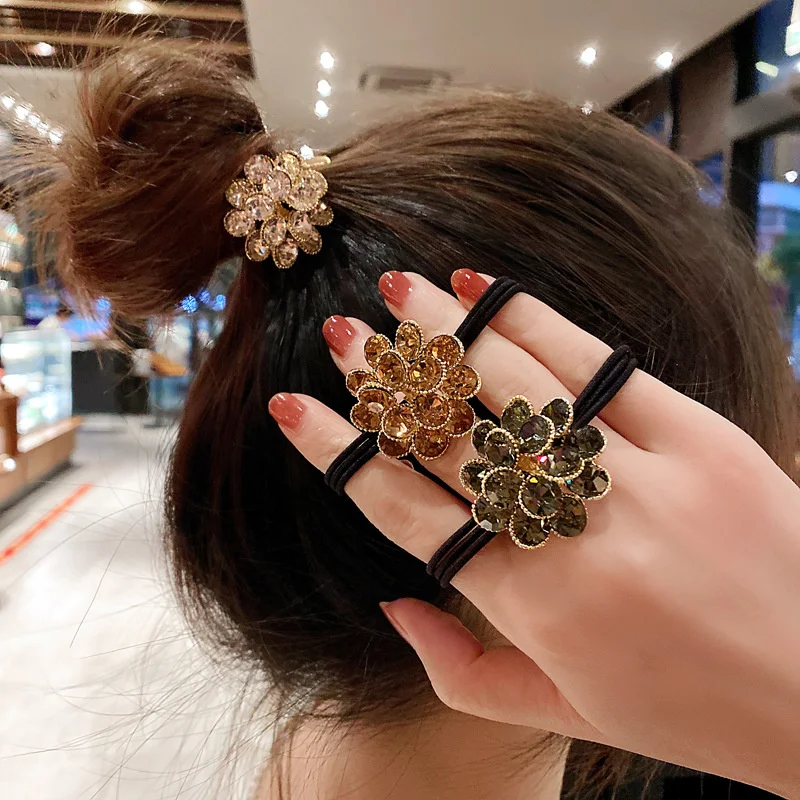 Korea New Elegant Rhinestone Flower Hair Rope Ties For Woman Fashion Full Champagne Color Diamond Elastic Hair Band Accessories