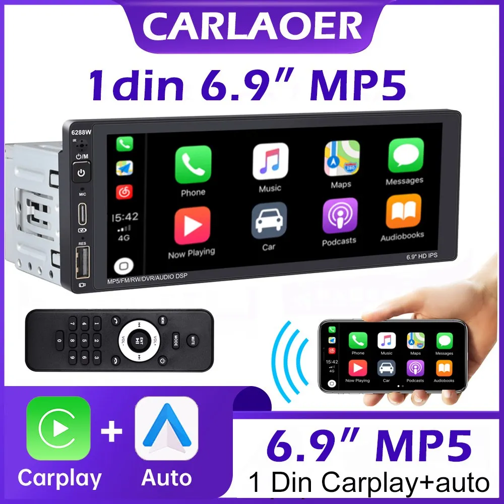 자동차 MP5 라디오 비디오 멀티미디어 플레이어, 회전 화면, DVD 없음, 6.9 인치 내장 카플레이, 1din 1 Din
