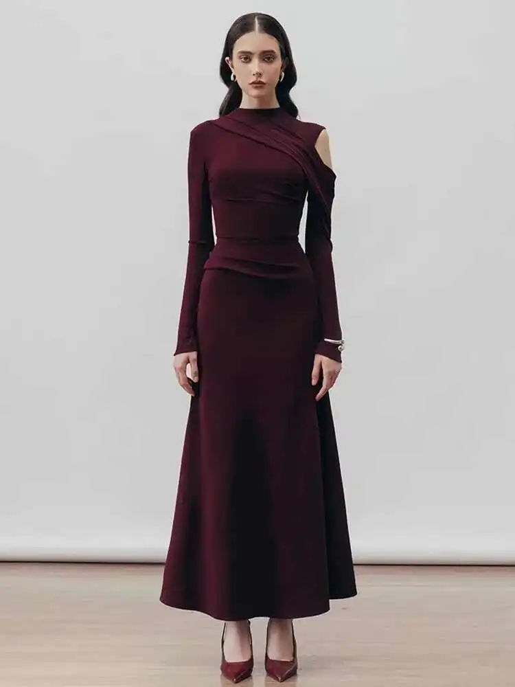 DEAT Elegant Dress Half High Collar Hollow Out Asymmetric Long Sleeves  Mid-calf Women's Party Dresses 2026 Spring New 13DL999 - AliExpress  200000345