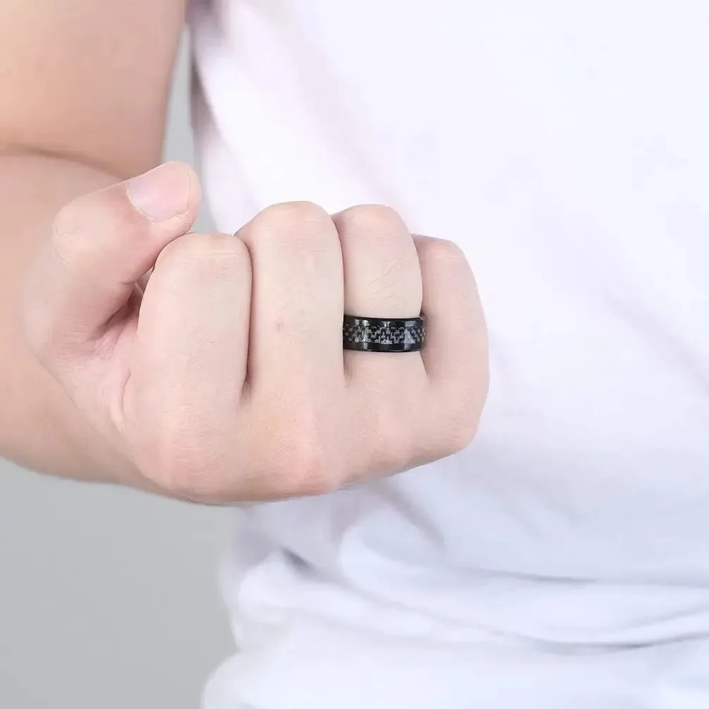 Wedding Rings 8MM Men Stainless Steel Inlaid Black Carbon Fiber for Men Women