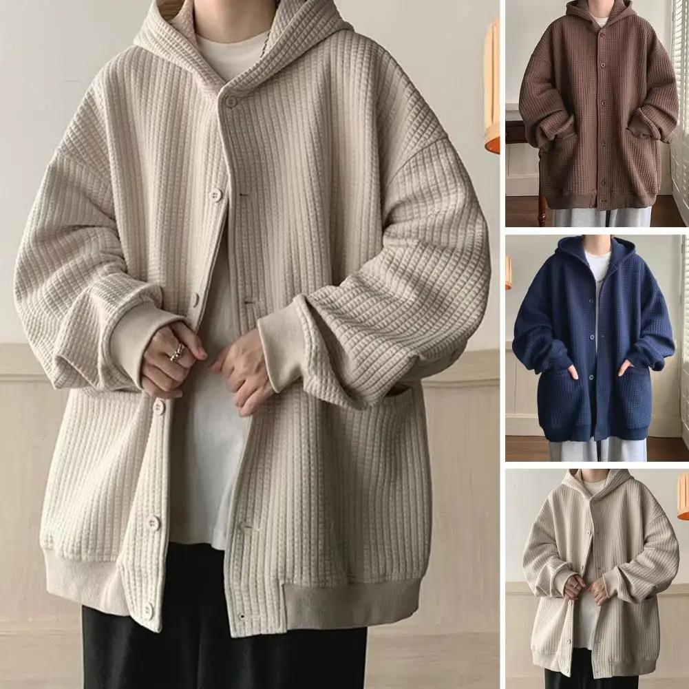 

Men Sweatshirt Coat Hip Hop Style Men's Waffle Texture Sweatshirt Coat with Hood Loose Fit Outwear Jacket for Autumn Winter