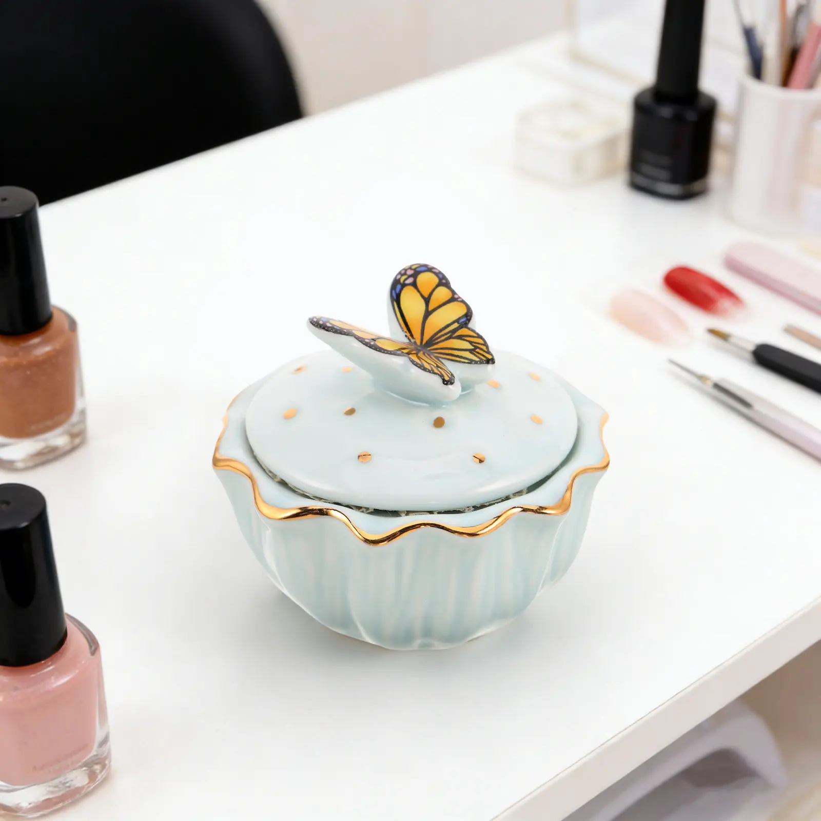 세라믹 네일 브러쉬 클리너 컵 블루 버터플라이 메쉬 필터 다펜 디쉬 매니큐어 네일 브러쉬 세척기 오거나이저 살롱 가정용
