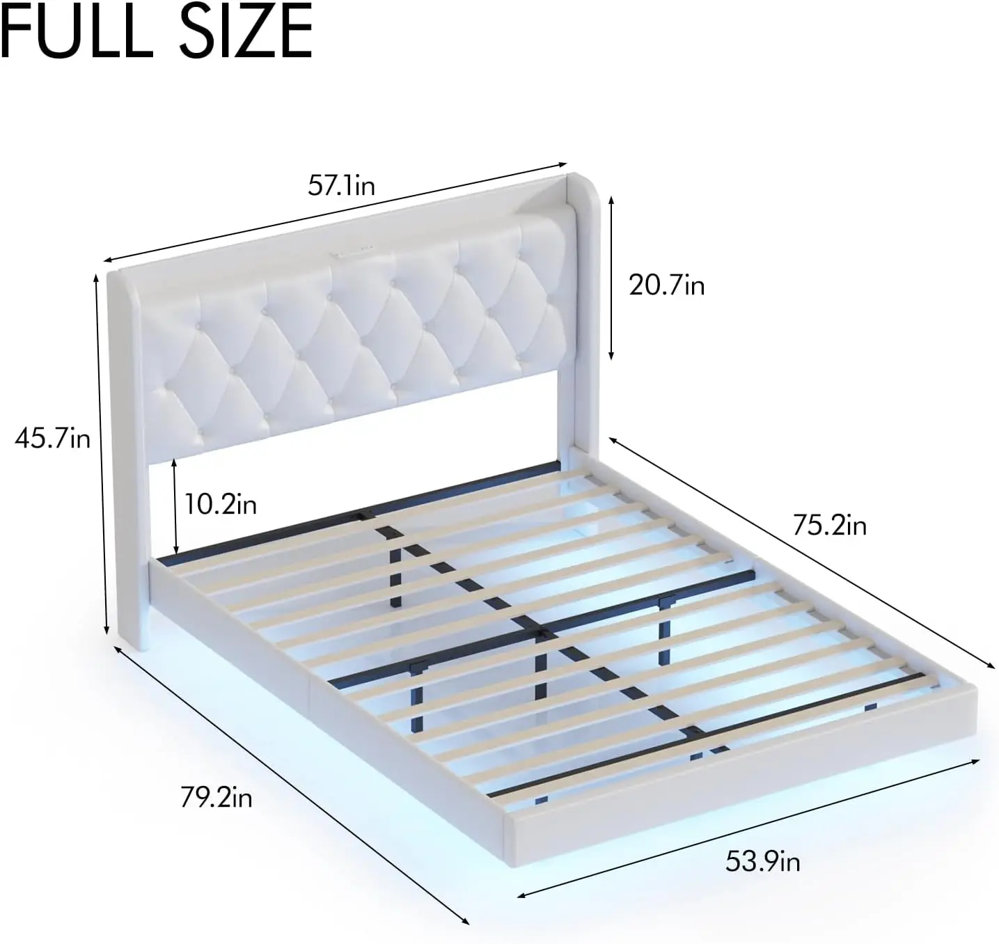 Full Size Floating Bed Frame with LED Lights, Upholstered PU Leather Platform Bed with Charging Station  Button Tufted Headboard 2