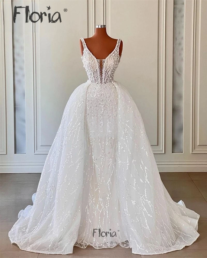 

Luxury Detachable Train 2 in 1 Scoop Neck Wedding Dress Custom Made Arabic Spaghetti Strap Bridal Gowns Robe de Mariée
