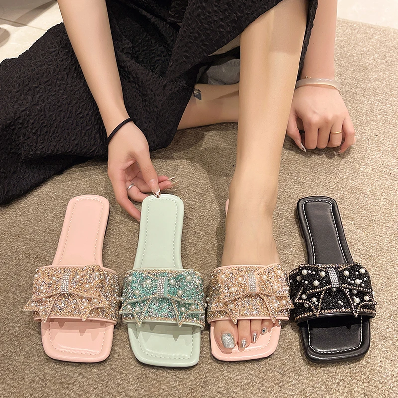 2025 Spring/Summer New 2pcs Diamond Decor Floral Pattern Thick Sole Slip-On Women | ChicGrl