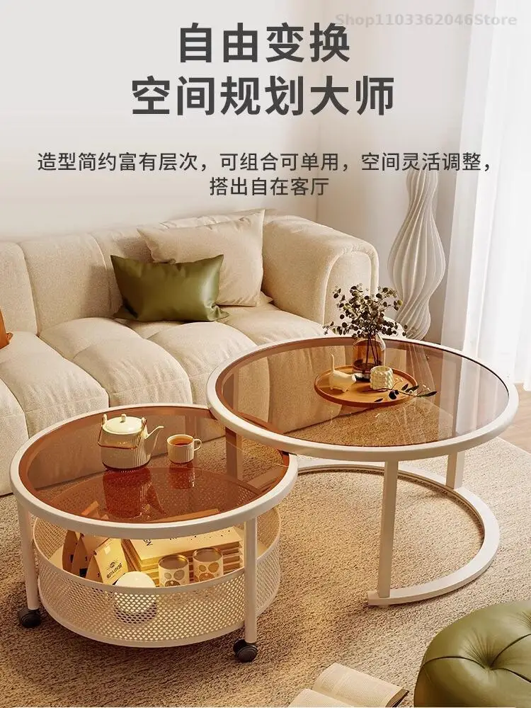 Small Apartment Cream Style Changhong Glass Movable Sofa Side Table Coffee Table Combination Creative Corner