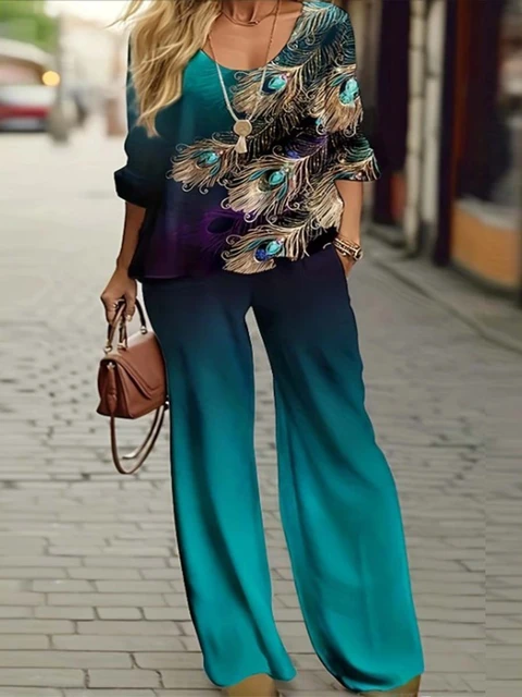 Luxury Gradient Color Suit Women Peacock Feather Print Blouse Long
