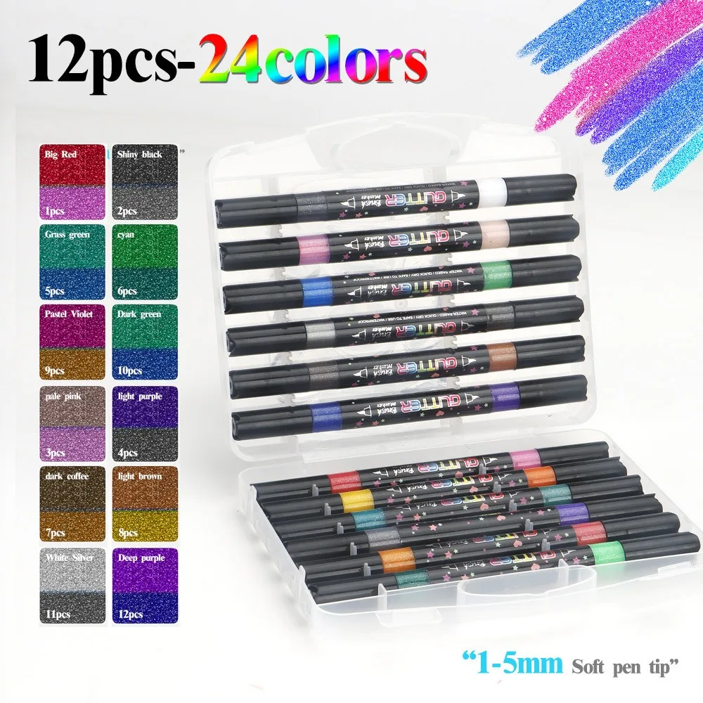 12/24pcs Double Tip Double Colors Flash Marker Pen Set Soft Tip Graffiti Painting Pen Highlighters Glitter Fluorescent Pen