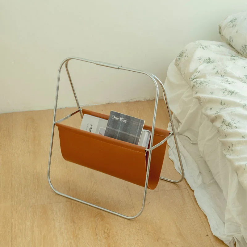 Nordic Vintage Metal Leather Magazine Rack MidCentury Foldable Newspaper Holder Floor Standing Book Storage Shelf Furniture FYMR