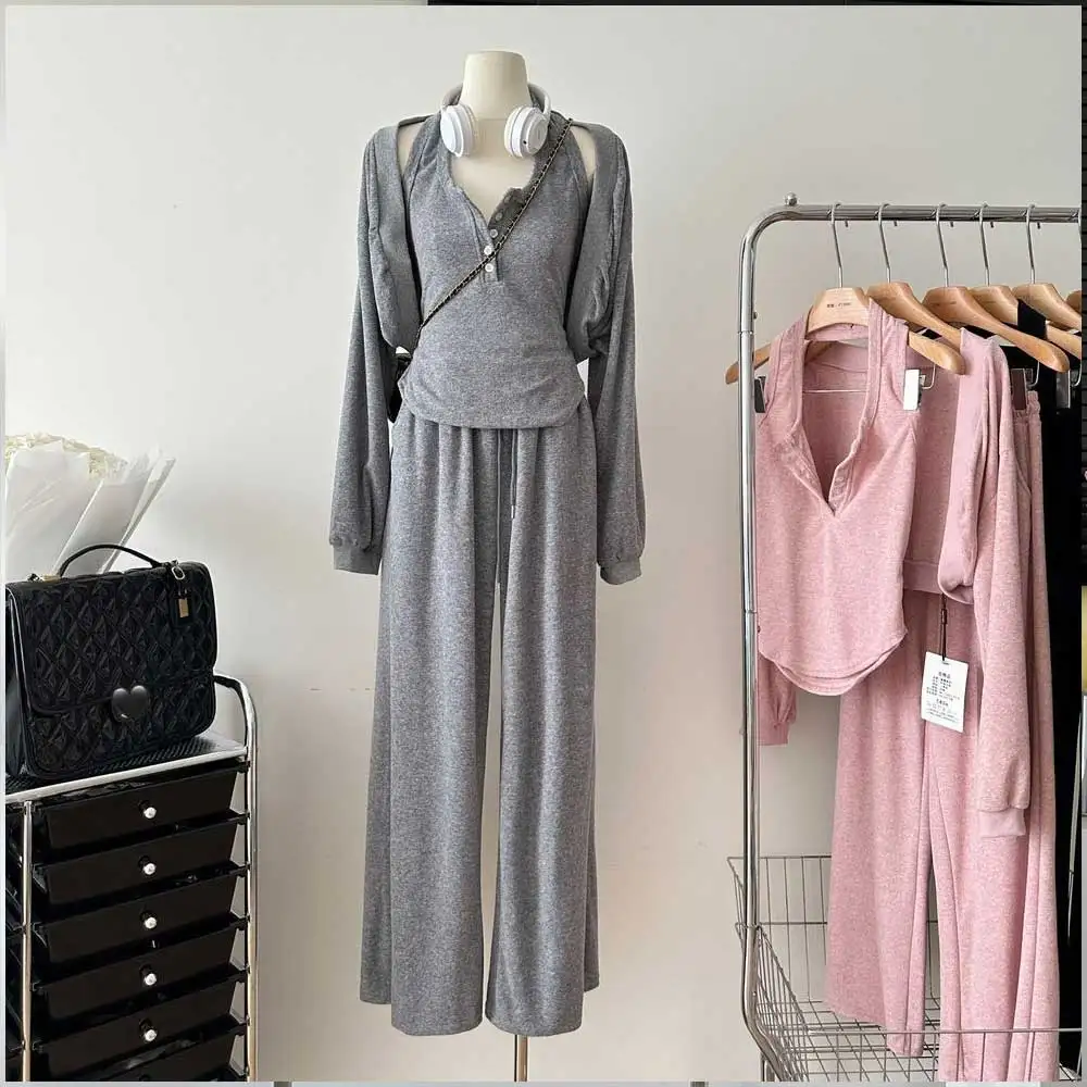 

Костюм-тройка с лямкой на шее, серый эластичный Топ Y2k, повседневные женские брюки, уличная спортивная уличная одежда, модный кардиган, костюм