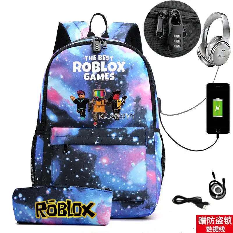 Mochilas Roblox USB para meninas e meninos, volta ás aulas na