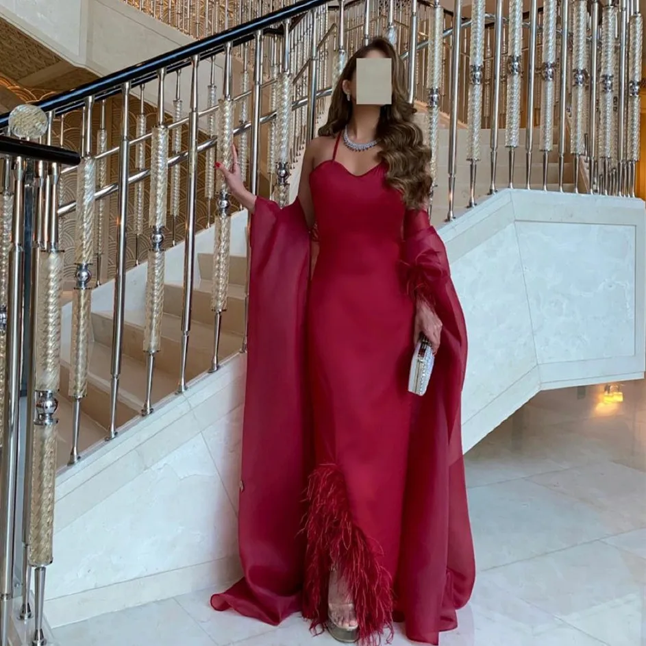 

Women's Burgundy Evening Dresses with Organza Feathers Jackets Spaghetti Straps Mermaid Prom Dress for Teens robes habillées