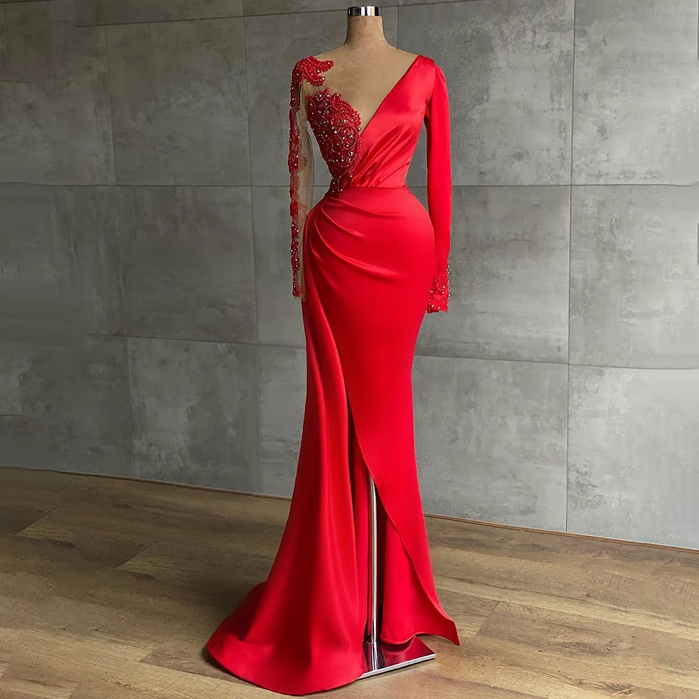 plus size formal dress Wasisi Red Muslim Mermaid Elegant Split Evening Dresses Gowns 2022 Satin Beaded For Women Party ELA71032 long sleeve evening dresses