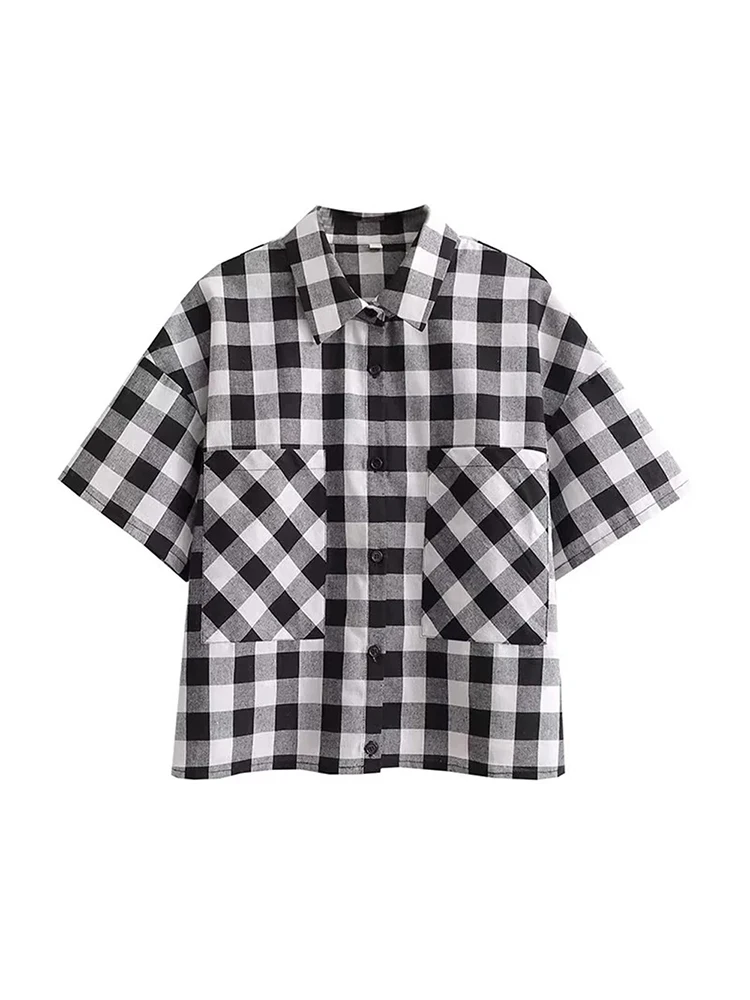 

Women Spring Casual Plaid Print Back With White Classic Style Suits Female Summer Shirt With Shorts Girls Drawstring Short Pants