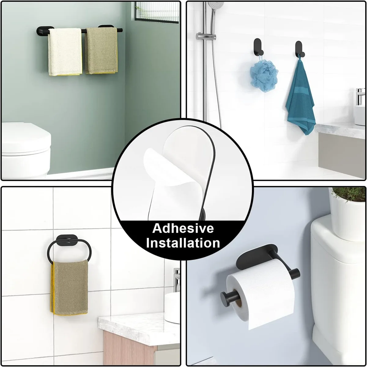 Wall Mount Toilet Towel Paper Holder 5PCS/7pcs Adhesive Black Silver Kitchen Roll Paper Stand Hanging Napkin Rack Bathroom Set