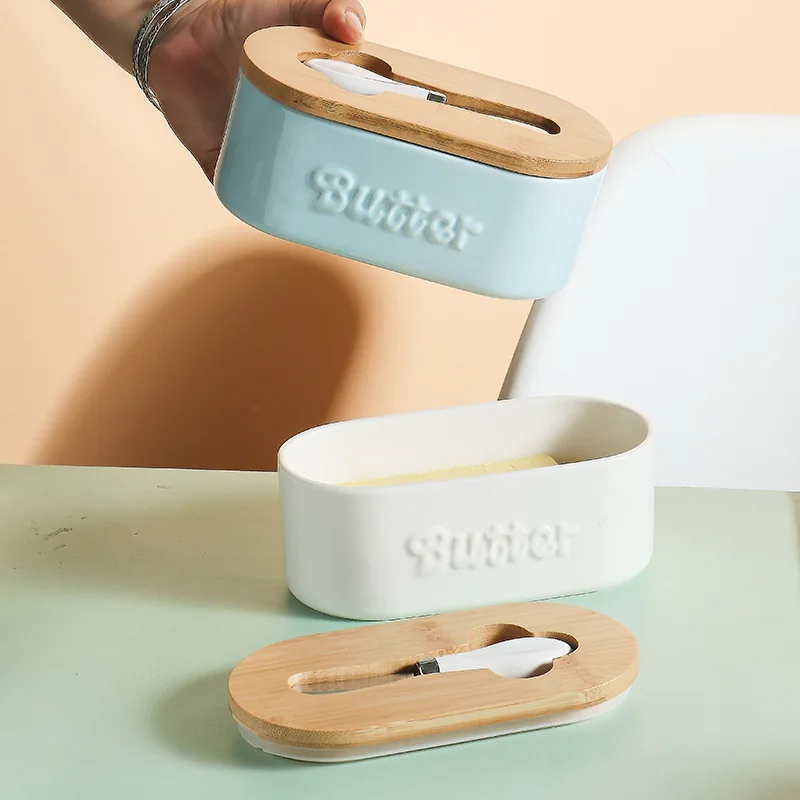 Ceramic Butter Box Butter Box Fresh-keeping Belt Wood with Knife Set Dish Household Cheese Ceramic
