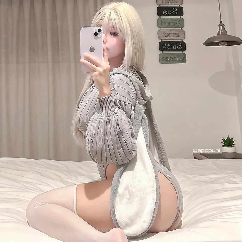 Year-end sale KORURACLUB cute rabbit jumpsuit sweater love zipper knitted bunny long-sleeved plush rabbit tail home pajamas 4