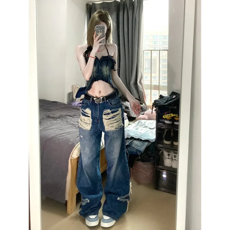 

Deeptown Y2k Grunge Ripped Jeans Women Star Vintage Streetwear Gyaru Baggy Denim Pants Korean Fashion Trousers 90s Aesthetic