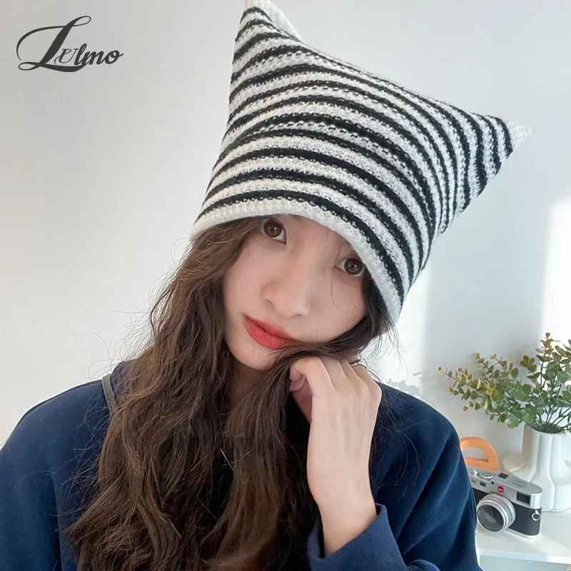 

Детская Вязаная Шапка-бини Y2K с рисунком маленького дьявола, в полоску, Женский пуловер с кошачьими ушками на осень и зиму