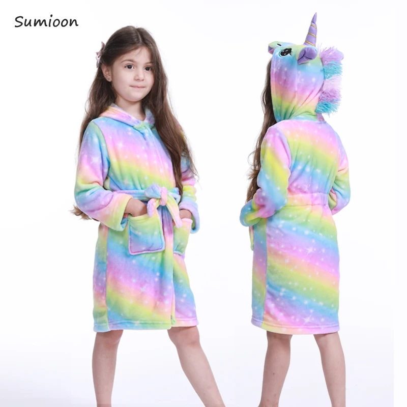 Winter Kids Bathrobe Animal Cartoon Unicorn Bath Robe Cute Hooded Bathrobes For Children Flannel Pajamas Boys Girls Robes
