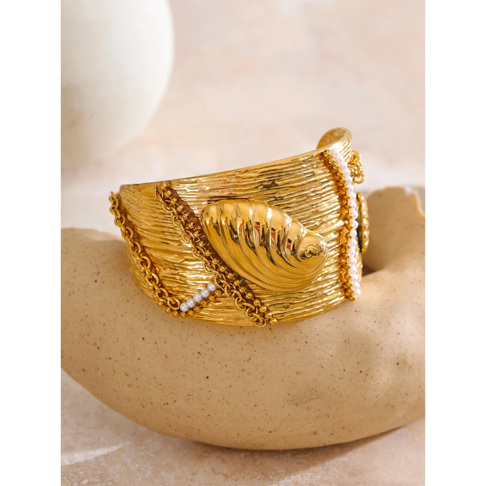 Yhpup Bracelet Wide Ocean Conch Shell Open Stainless Steel Summer Holiday