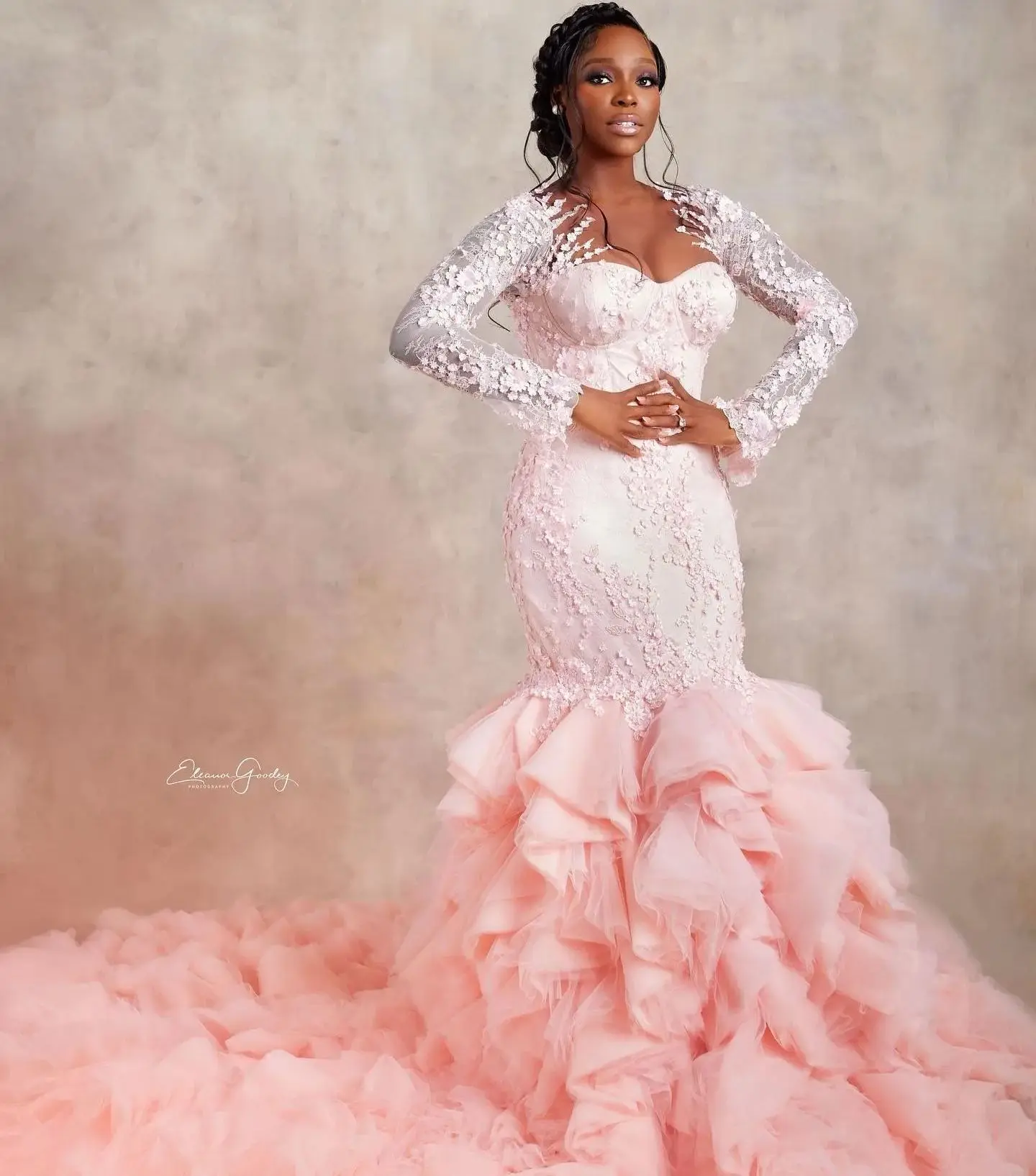 Long Sleeve Trumpet Pink Lace and Tulle Prom Gown - Promfy