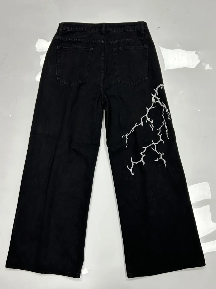 Y2k Fashion Baggy Jeans Black Men's Streetwear Straight Oversize Wide-leg Pants Vintage Lightning Pattern Loose Denim Trousers 5