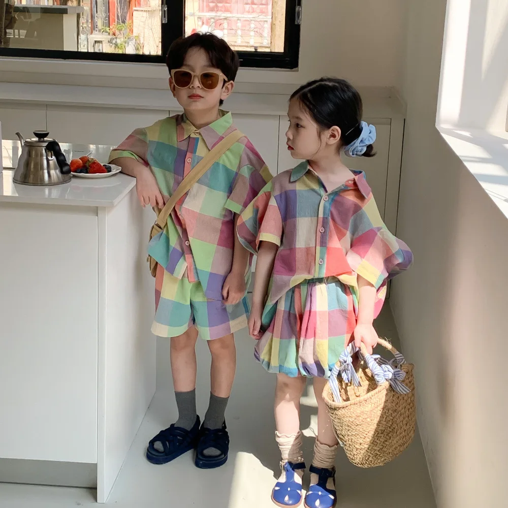

Summer siblings colorful plaid clothes sets Boys short sleeve shirt and shorts Girls shirt and pantskirt Kids Outfits