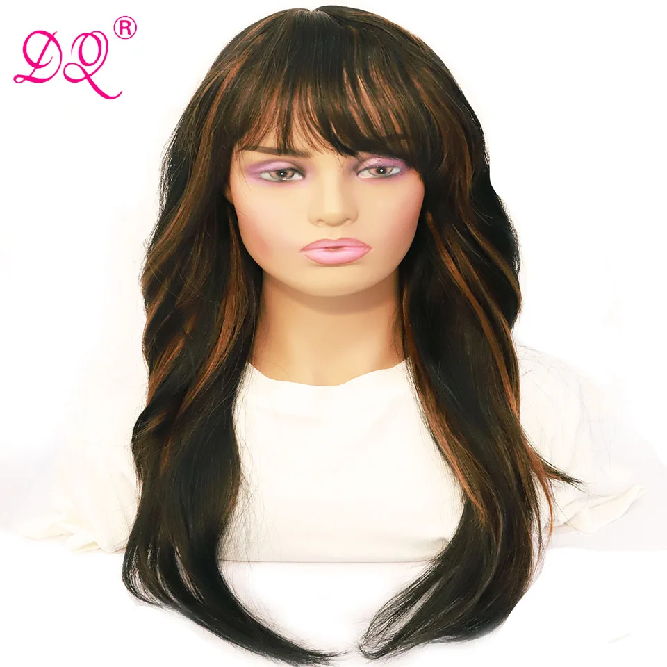 

DQ Hair Ombre Brown Blonde Colored Wavy Wig with Bangs For Women Body Wave Middle Part Synthetic Wigs 24 Long Daily Cosplay Hair