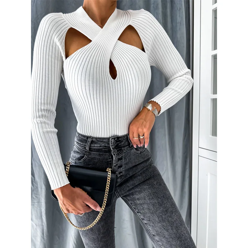 

New Sexy Halving Hollow Women's Knitwear Pit Strip Fabric Top T-shirt Halving Cross Personality Women's Knitwear Base Clothing