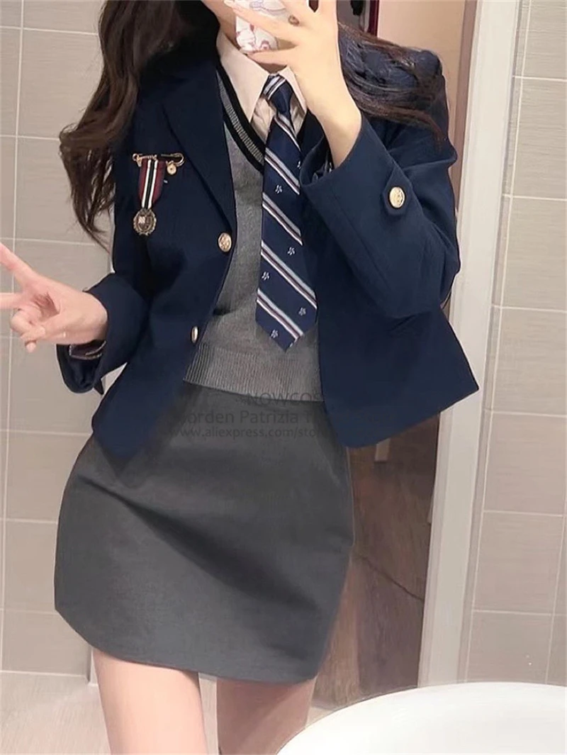 Korean Academy Style JK Uniform Set Autumn/Winter 4-Piece Grey Knitted Tank Top Slim Fit Shirt Wrapped Hip Mini Skirt Girls japanese school uniform