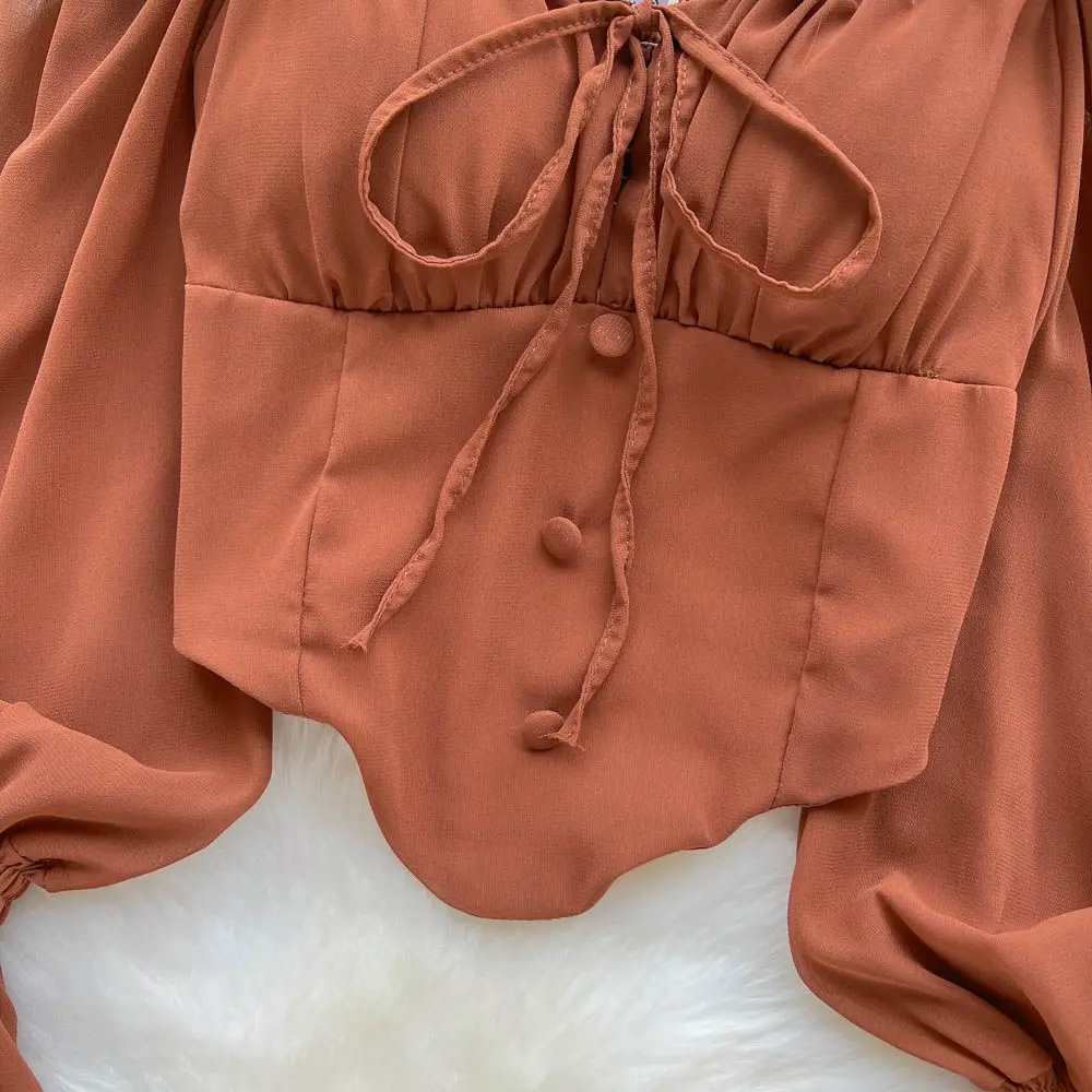 White Blouses Women Aesthetic Solid All-match Vintage Casual Ladies Tops Slim Schoolgirls Spring Bandage Lantern Sleeve Clothing