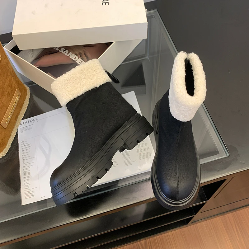 Winter Women Short Plush Warm Snow Boots Casual Shoes 2024 New Suede Fur Chelsea Ankle Boots Flats Platform Ladies Shoes Botas