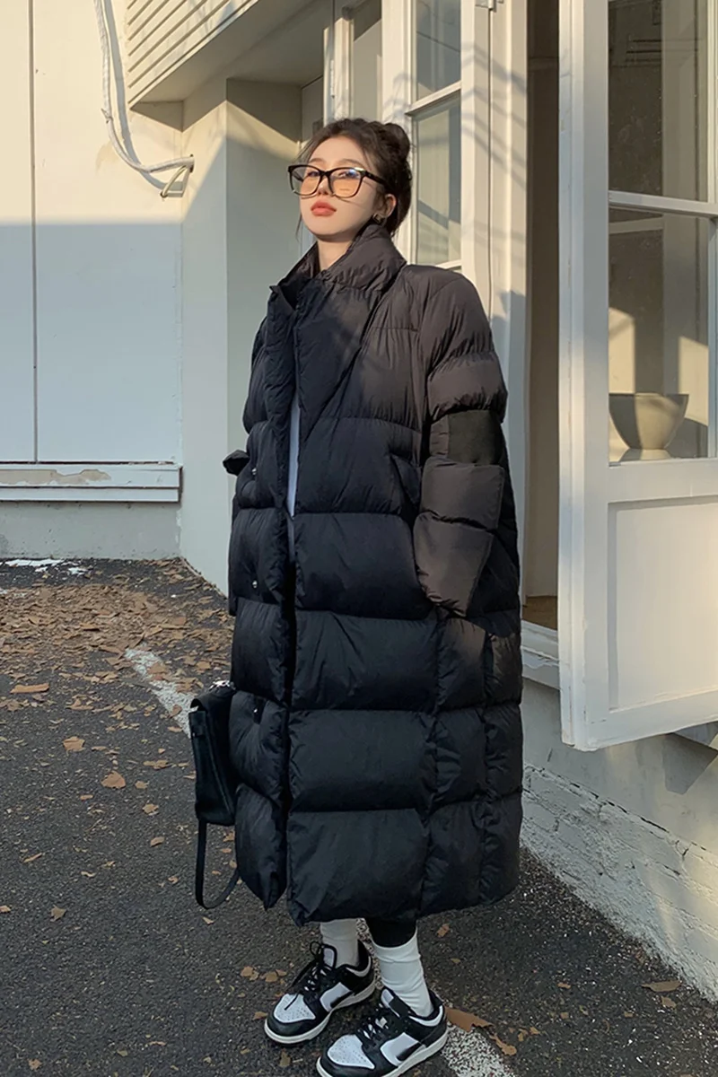 Solid Black White Stand Collar Down Jacket For Women's Winter 2022 New Knee Length Thickened Cotton Padded Coat