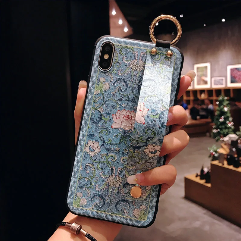 Traditional Flower Soft TPU Phone Holder Case with Wrist Strap Cover