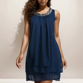 Elegant Sleeveless Sequin Cocktail Dress Women's Layered Chiffon Party Dress Flowy Shift Evening Dress for Wedding Guest 1