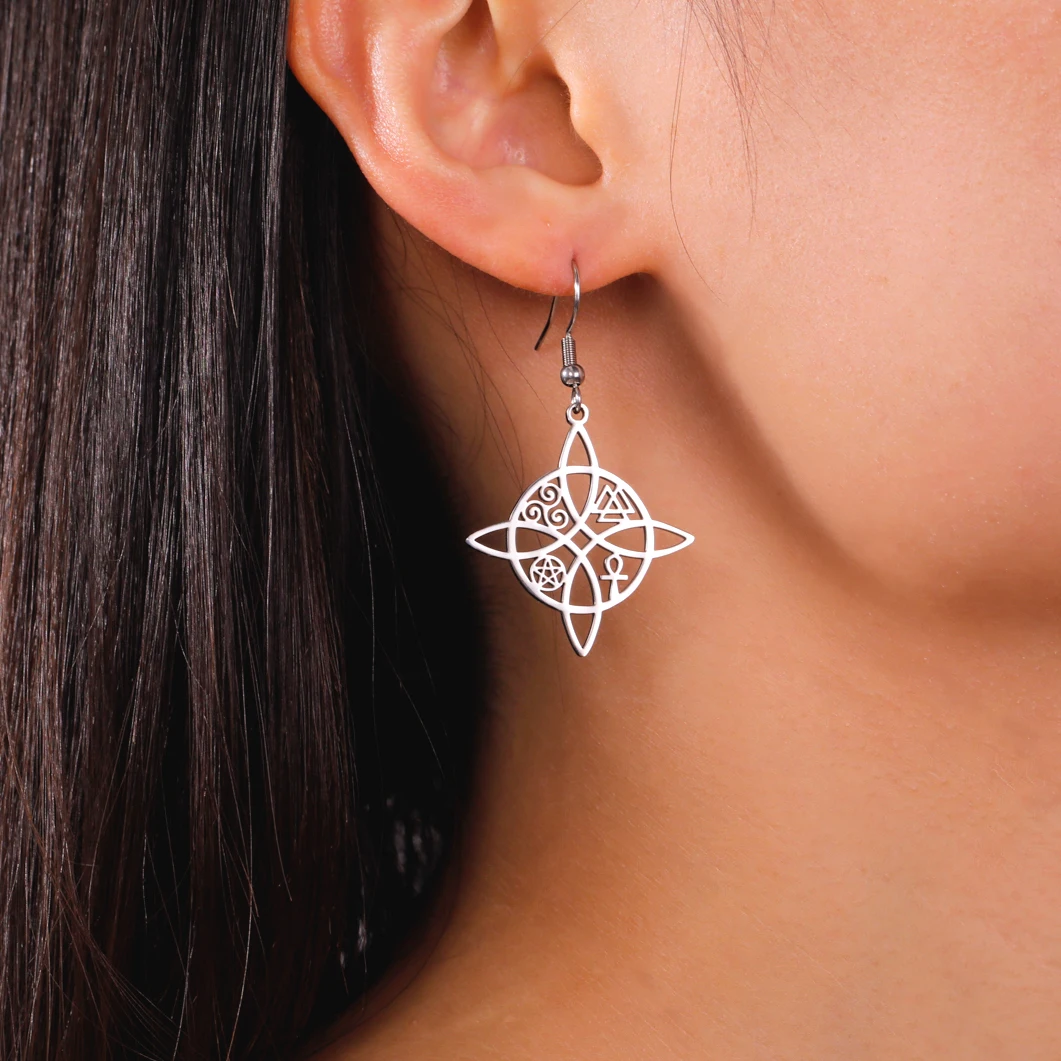 Skyrim Witch Knot Drop Earrings Stainless Steel Valknut Triskelion Ankh Cross Pentacle Amulet Jewelry Birthday Gift