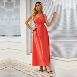 Vestido Rojo holgado con cuello redondo para mujer, hasta el tobillo prenda elegante, informal, de manga corta, con cinturón y cordones, novedad de Primavera de 2022