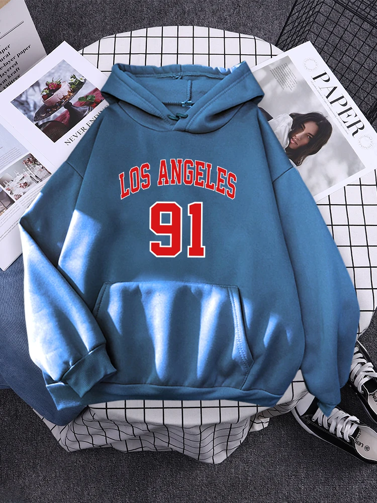 

Los Angeles 91 Team Uniform Print Women Hoody Fashion Pocket Sweatershirt Creativity Loose Tracksuit Hip Hop Hat Rope Sweatshirt