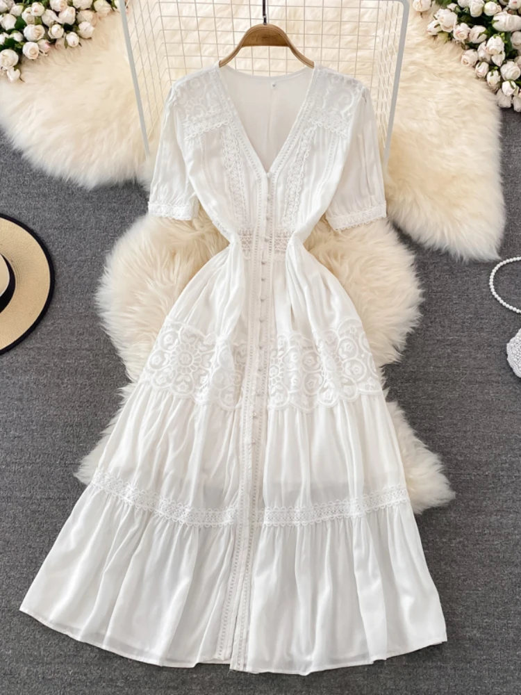 

Женское ажурное платье на молнии, летнее однотонное облегающее эластичное платье с коротким рукавом и V-образным вырезом, милое французское платье