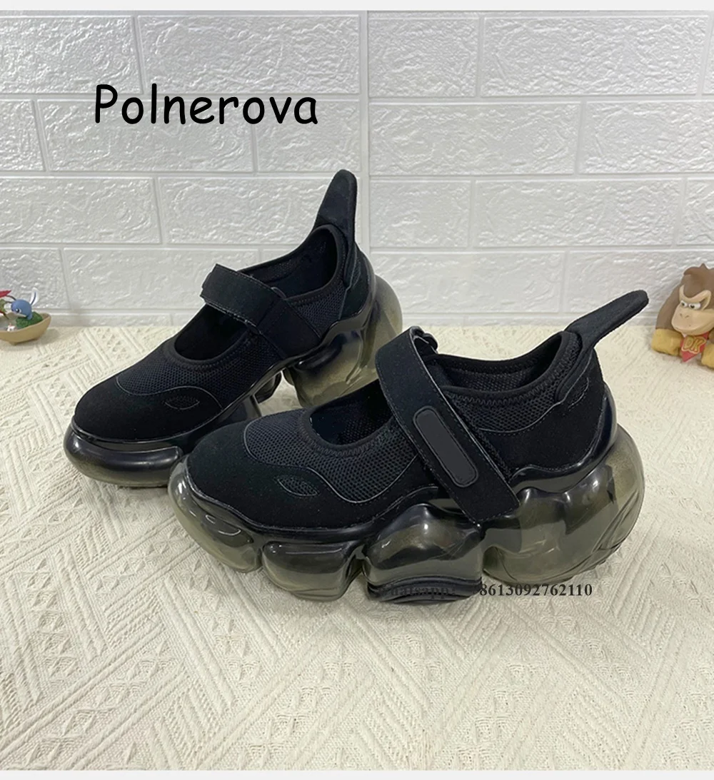 Air Mesh Pumps Hook Bubble Base Height Increasing Women's Shoes Thick Sole Summer Solid Shallow Mary Jane Comfortable Shoes