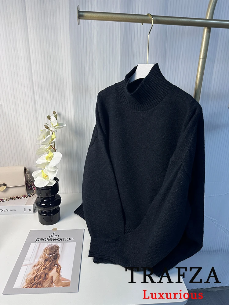 TRAFZA Vintage Chic Women Sweater Solid O-Neck Long Sleeve Knitted Loose Sweater New Fashion 2025 Autumn Winter Holiday Sweater 6