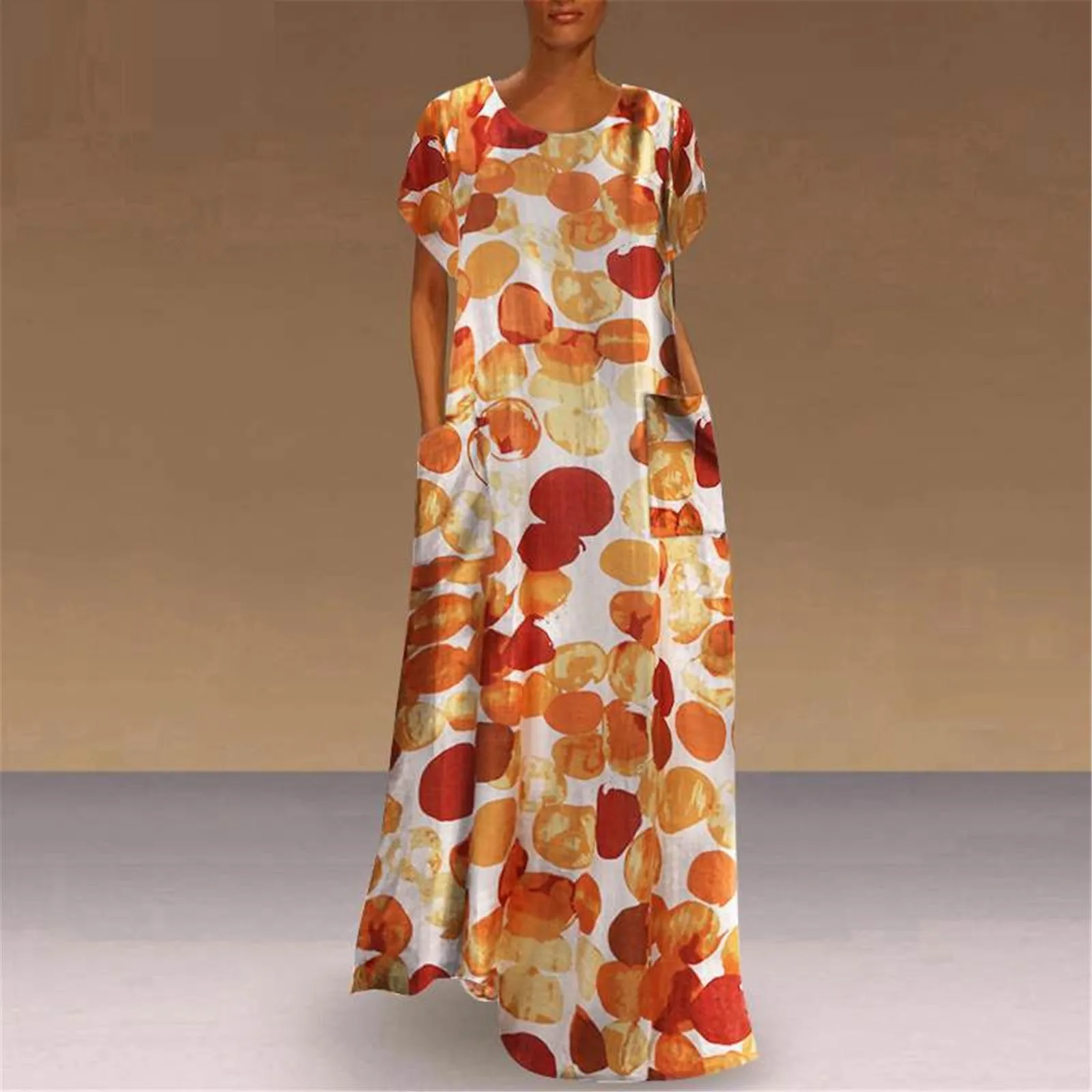 

Summer Short Sleeve Long Dress Crew Neck Vintage Print Pocket Dress Boho Beach Multicolor Long Dress sexy dress S-5XL