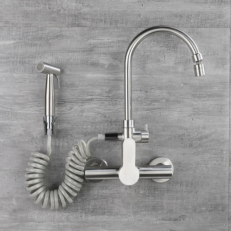 Kitchen Sink Faucet 304 Stainless Steel Hot & Cold Mixer Single Handle With Spray Gun Wall Mounted Rotating Balcony Mop Pool Tap