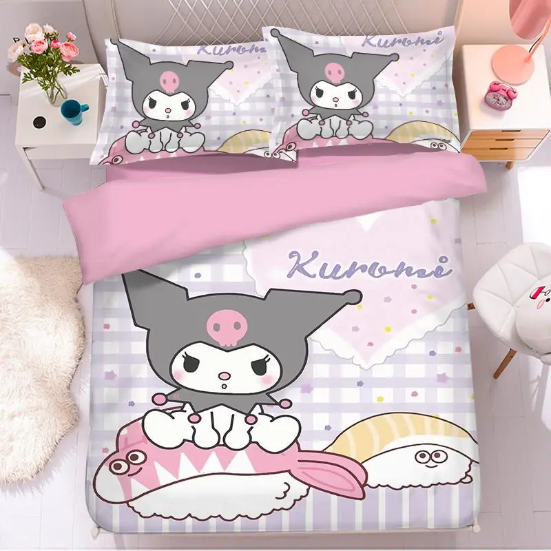 

Комплект постельного белья с рисунком большого ушного кролика Kuromi Sanrio из аниме одеяло пододеяльник с наволочками удобные мягкие домашние постельные принадлежности