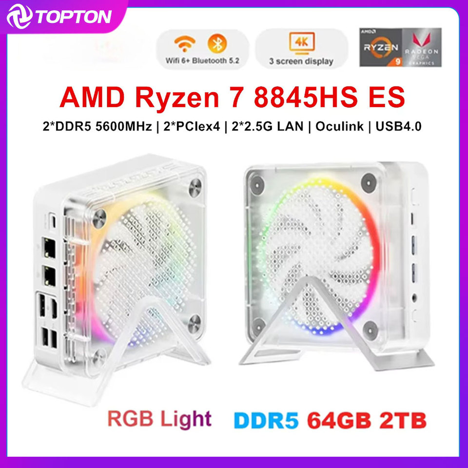 Topton AMD Ryzen 7 8845HS ES RGB Gaming Mini PC Oculink 2*2.5G LAN 2*PCIe 2*DDR5 USB4 Windows 11 Desktop Mini Computer WiFi6