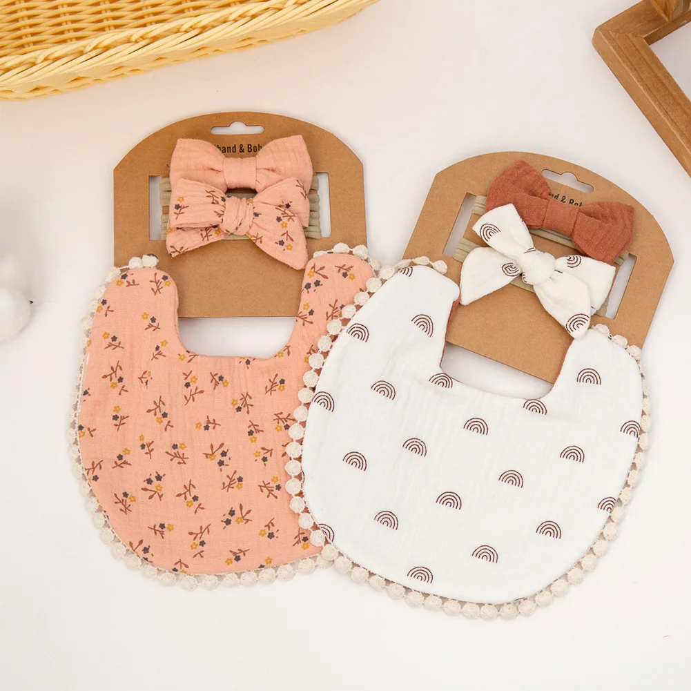 3Pcs/set Baby Flower Bibs Headbands Nylon Hair Bows Feeding Burp Cloth Scarf for Boys Girls Infant Headwear Accessories