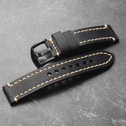 Handmade Vintage Brushed Leather Strap - Soft Cowhide Bracelet in Brown and Black - 22mm (Black balck buckle)