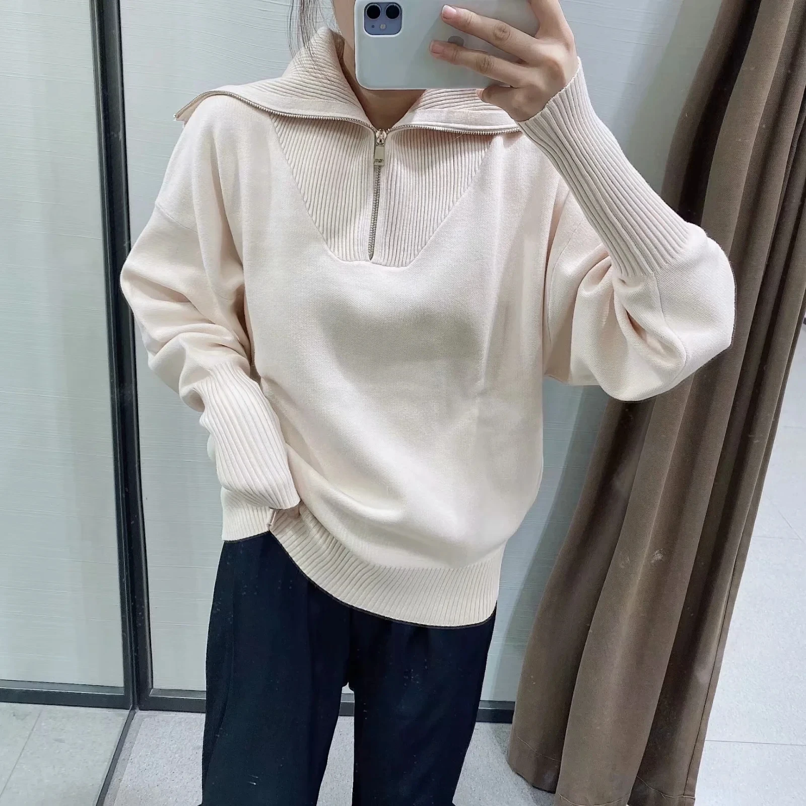 New Vintage Lapel Female Outerwear Chic Tops Women 2024 Zipper Knitting Solid Sweatshirts Fashion Long Sleeve Loose Sweatshirts