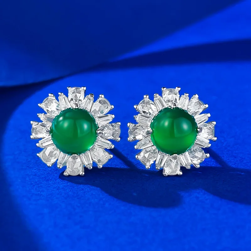 

New S925 Silver Inlaid 6.0 Simulated Green Jade Marrow Earrings Luxury Inlaid Fashion Classic Earrings